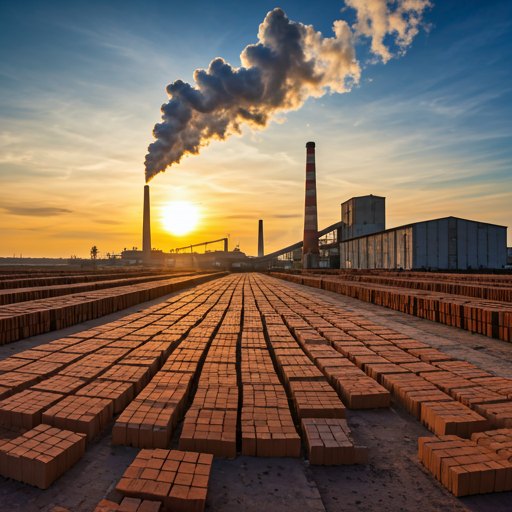 Wide shot of an industrial brick kiln facility at sunset with smoke stacks and rows of cooling bricks